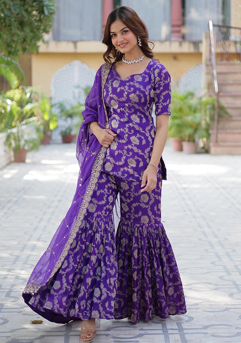 Purple Zari Viscose Kurta Set