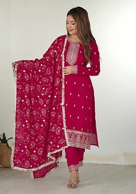 Rani Pink Embroidered Silk Kurta Set