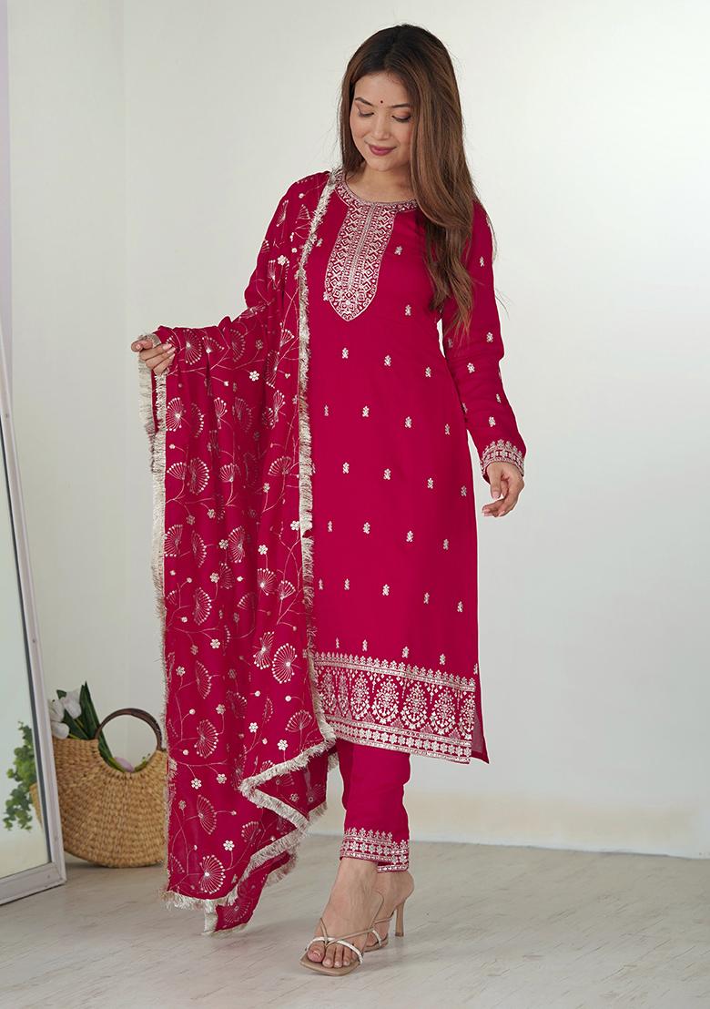 Rani Pink Embroidered Silk Kurta Set