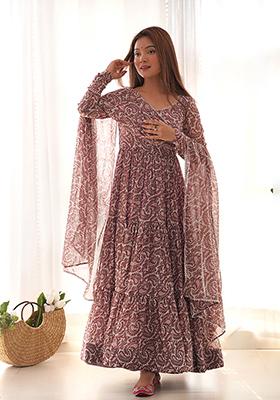 Mauve Printed Georgette Kurta Set