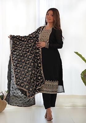Black Embroidered Silk Kurta Set