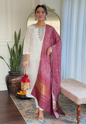 White Thread Embroidered Roman Silk Kurta Set