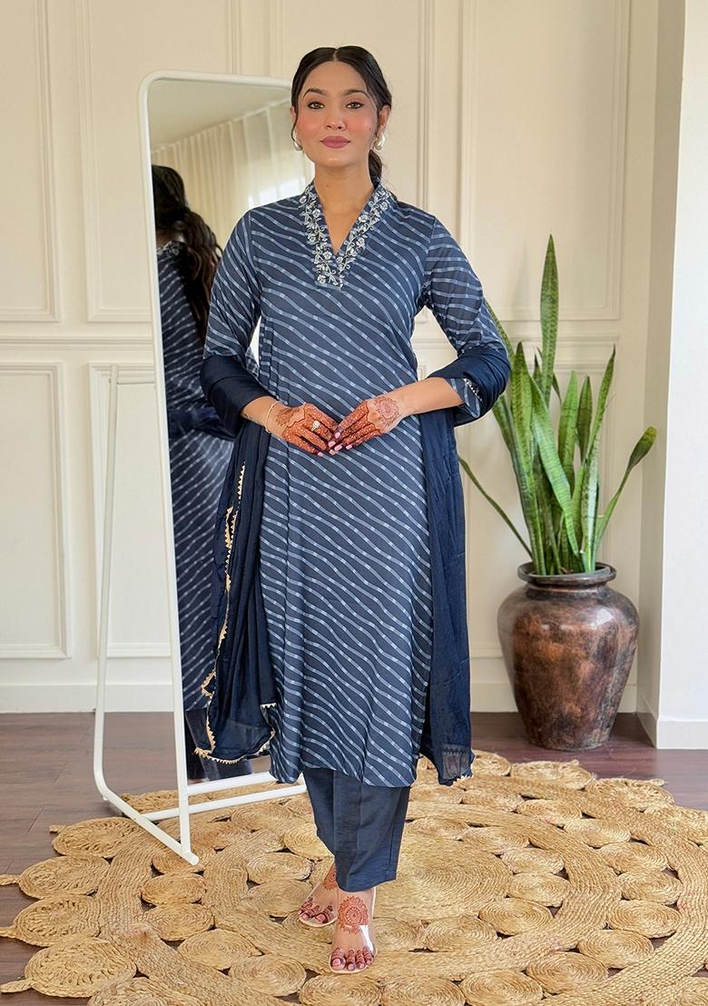 Navy Blue Lehariya Print Muslin Kurta Set