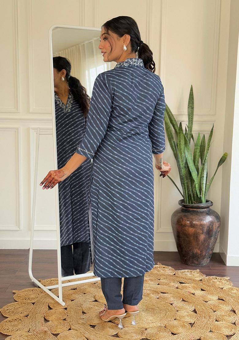 Navy Blue Lehariya Print Muslin Kurta Set