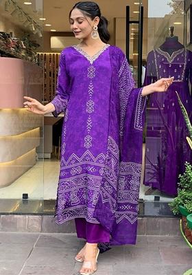 Purple Floral Print Crepe Kurta Set