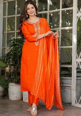 Orange Thread Embroidered Viscose Kurta Set