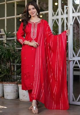 Red Thread Embroidered Viscose Kurta Set