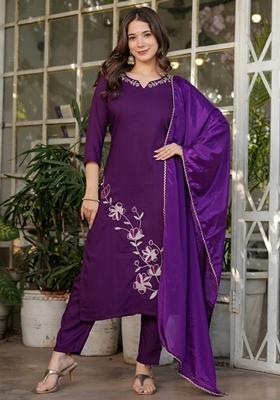 Wine Thread Embroidered Viscose Rayon Kurta Set
