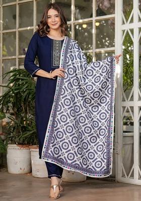 Navy Blue Thread Embroidered Rayon Kurta Set
