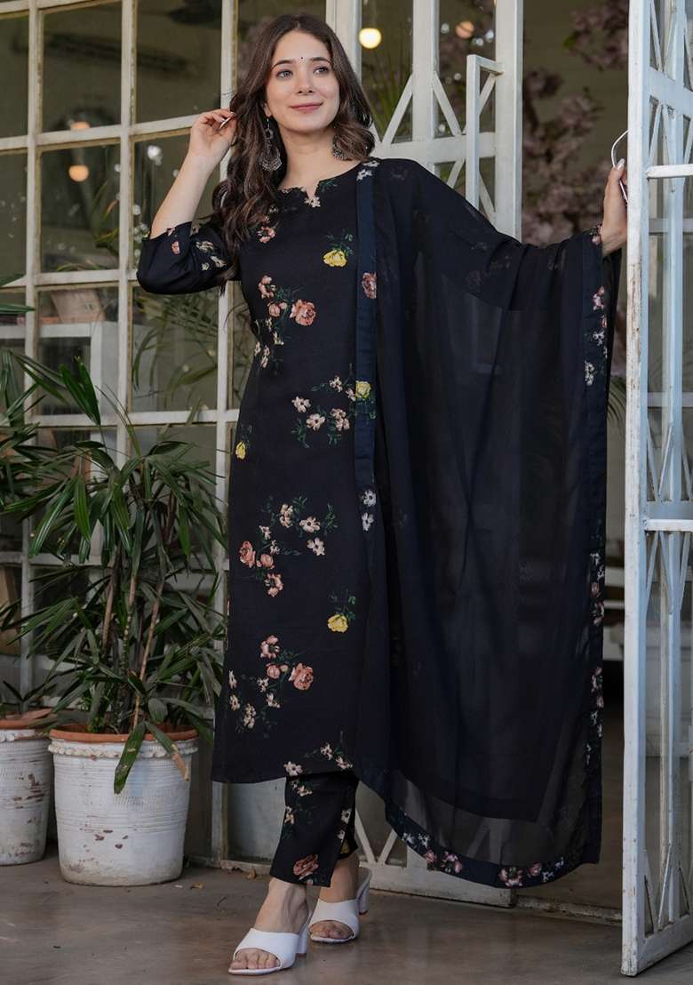 Black Floral Print Silk Straight Kurta Set - Indya