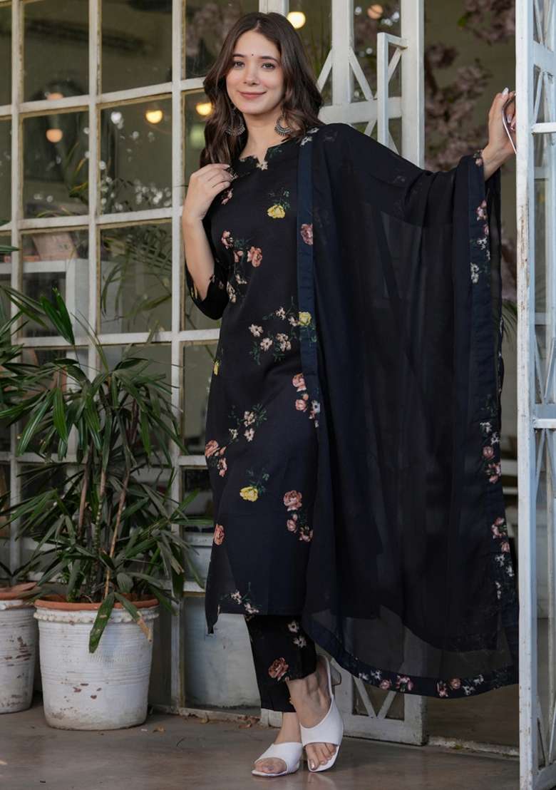 Black Floral Print Silk Straight Kurta Set - Indya