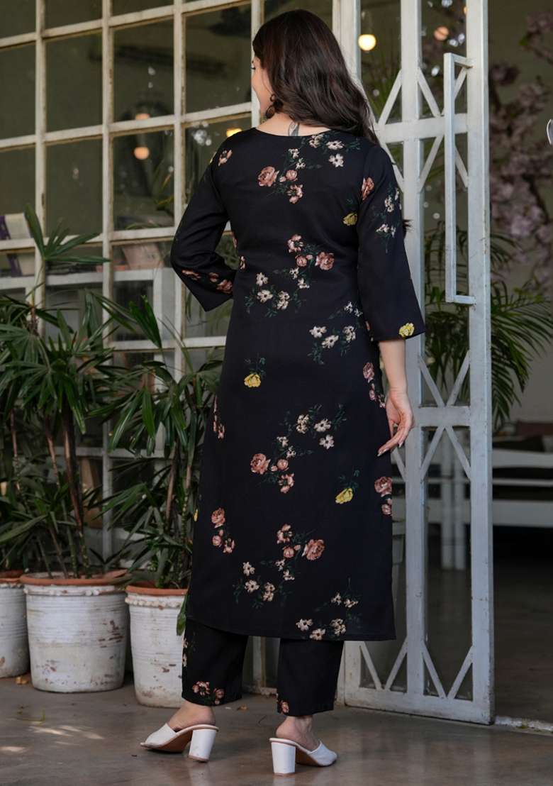 Black Floral Print Silk Straight Kurta Set - Indya