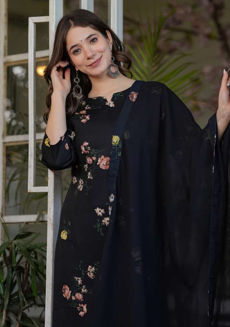 Black Floral Print Silk Straight Kurta Set - Indya