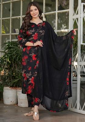 Black Floral Print Silk Blend Kurta Set