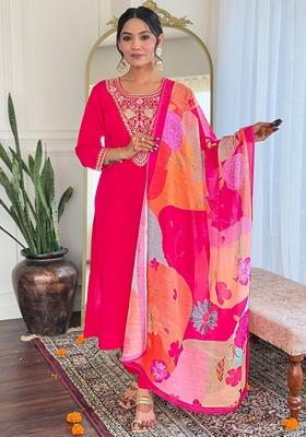 Pink Thread Embroidered Viscose Kurta Set