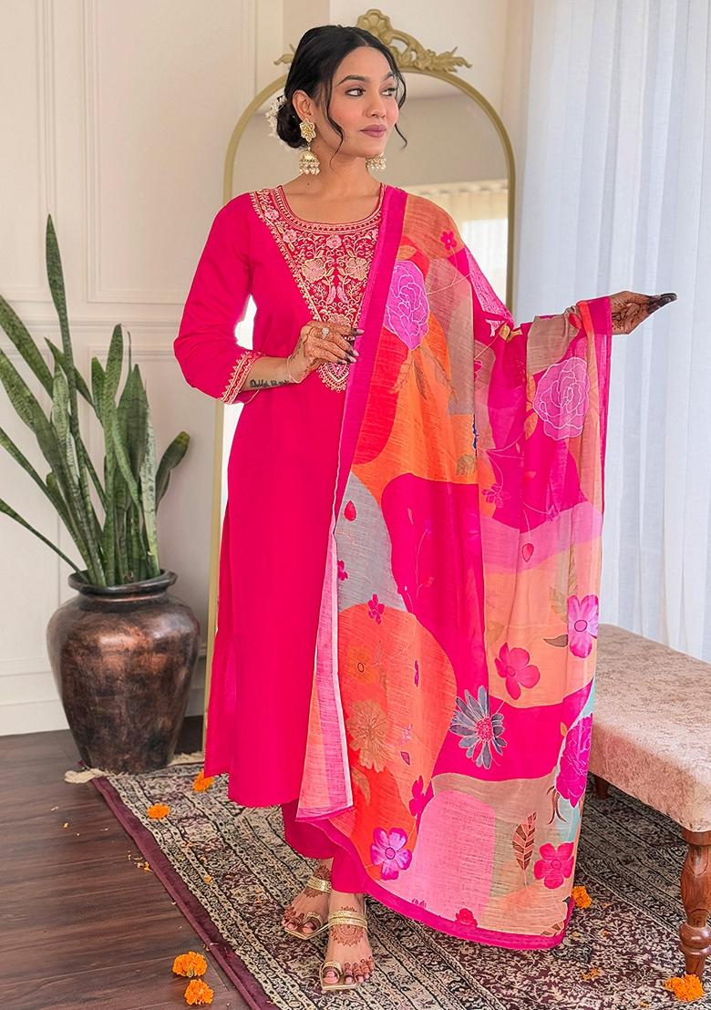 Pink Thread Embroidered Viscose Kurta Set
