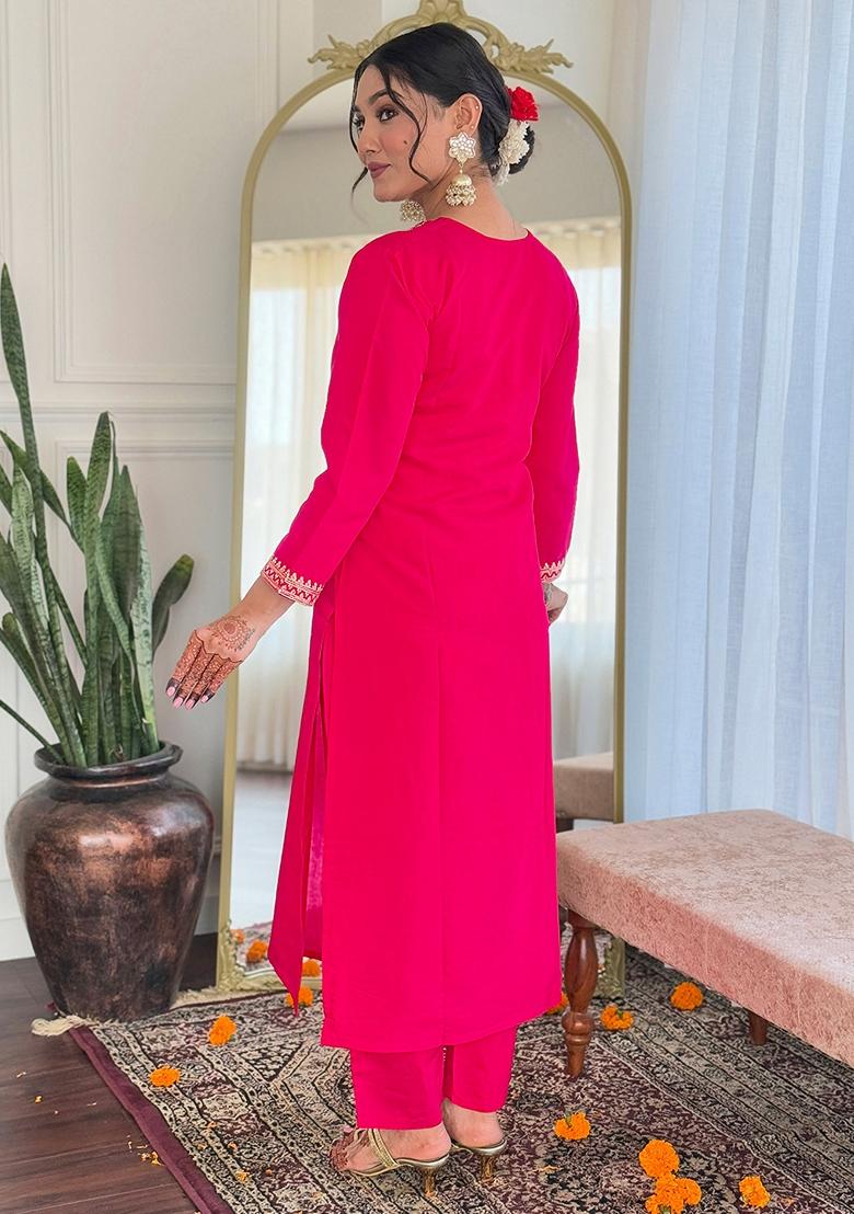Pink Thread Embroidered Viscose Kurta Set