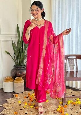 Rani Pink Thread Embroidered Viscose Kurta Set