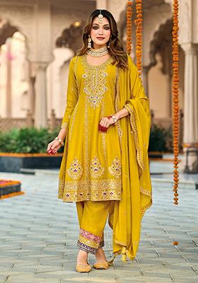 Yellow Sequin Embroidered Silk Kurta Set