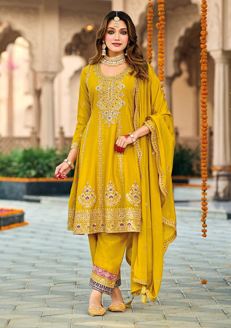 Yellow Sequin Embroidered Silk Kurta Set
