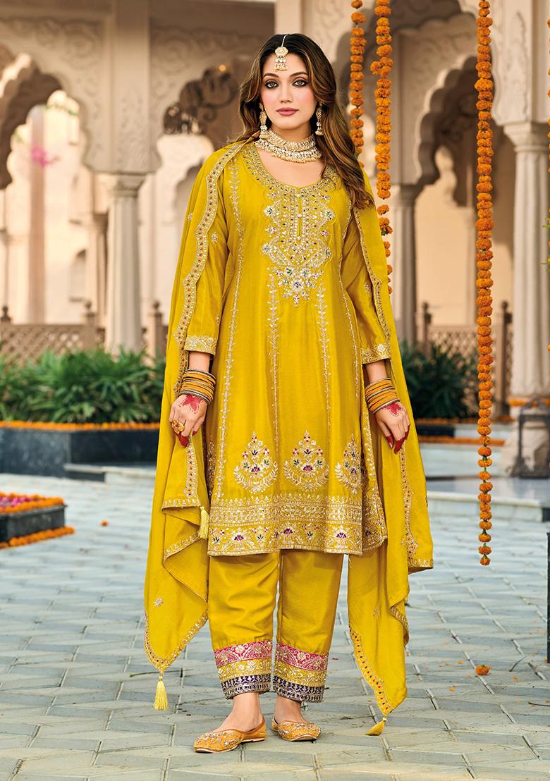 Yellow Sequin Embroidered Silk Kurta Set