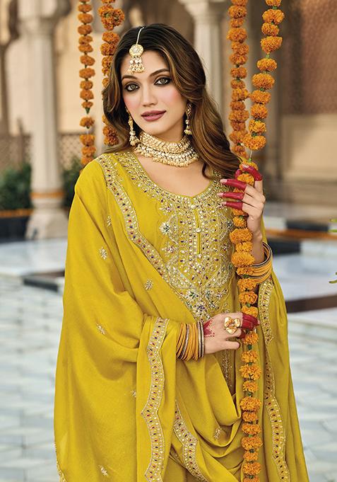 Yellow Sequin Embroidered Silk Kurta Set
