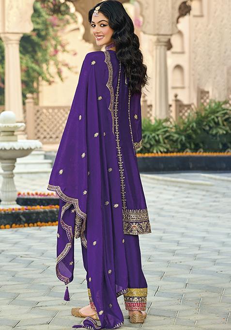 Purple Sequin Embroidered Silk Kurta Set