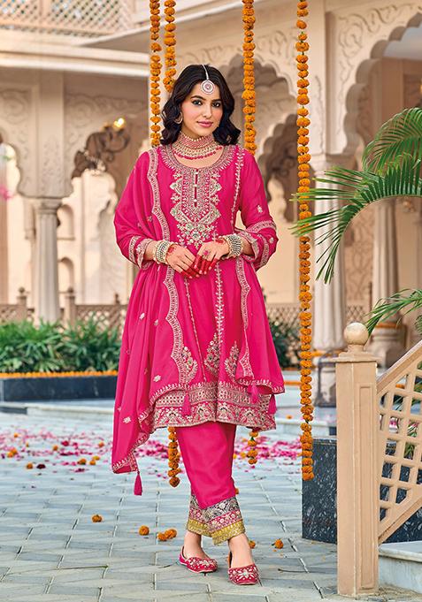 Dark Pink Sequin Embroidered Silk Kurta Set