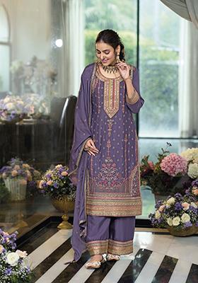 Purple Embroidered Silk Kurta Set