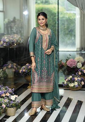 Teal Embroidered Silk Kurta Set