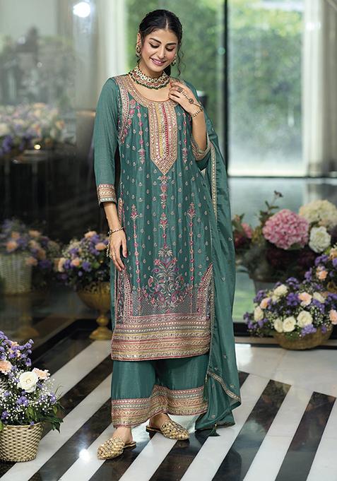 Teal Silk Kurta Set Stone Work