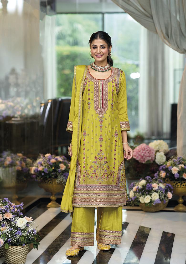 Light Green Embroidered Silk Kurta Set