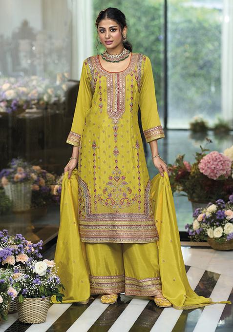 Light Green Embroidered Silk Kurta Set