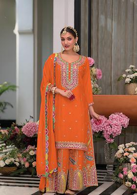 Orange Embroidered Silk Kurta Set
