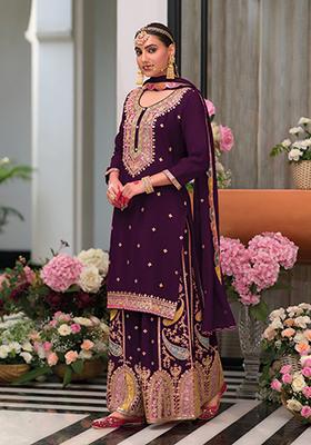 Maroon Embroidered Silk Kurta Set