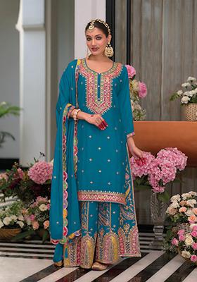 Turquoise Embroidered Silk Kurta Set