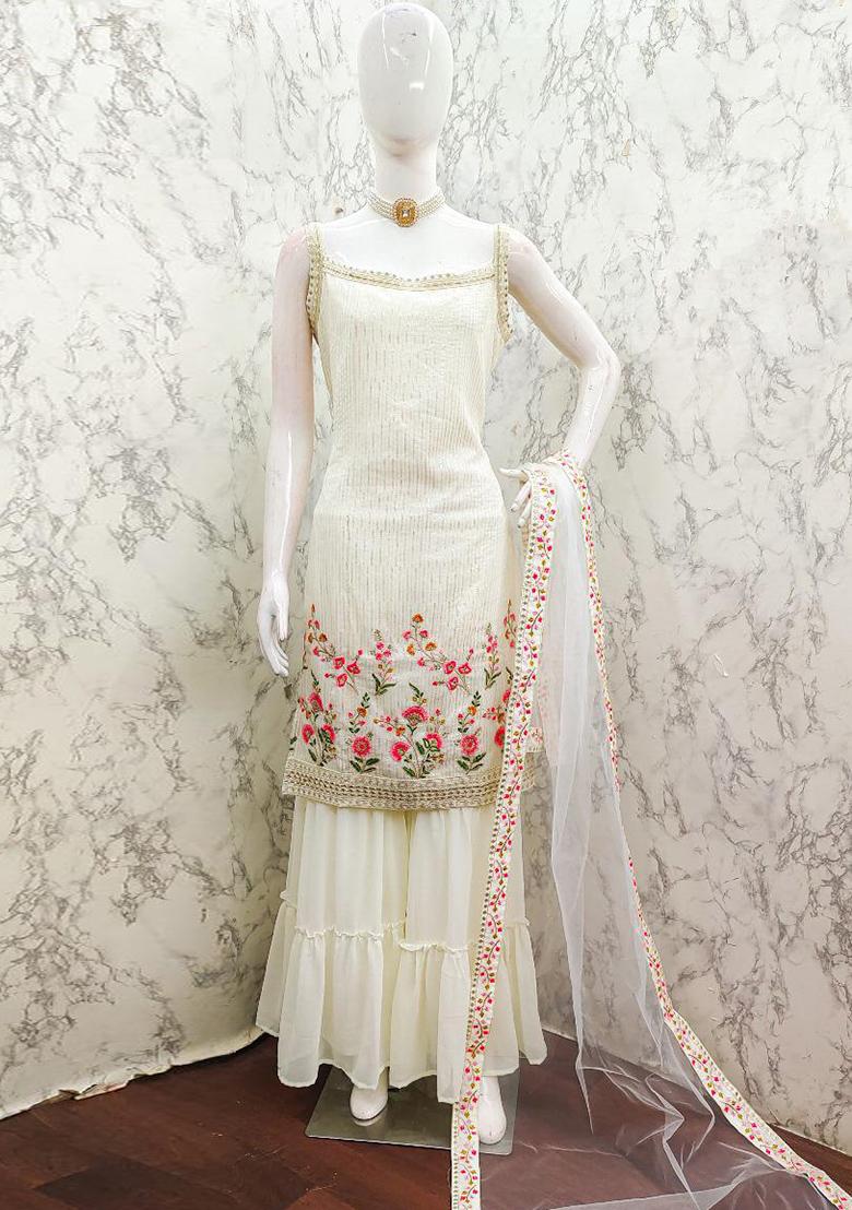 Beige Sequin Embroidered Georgette Sharara Set