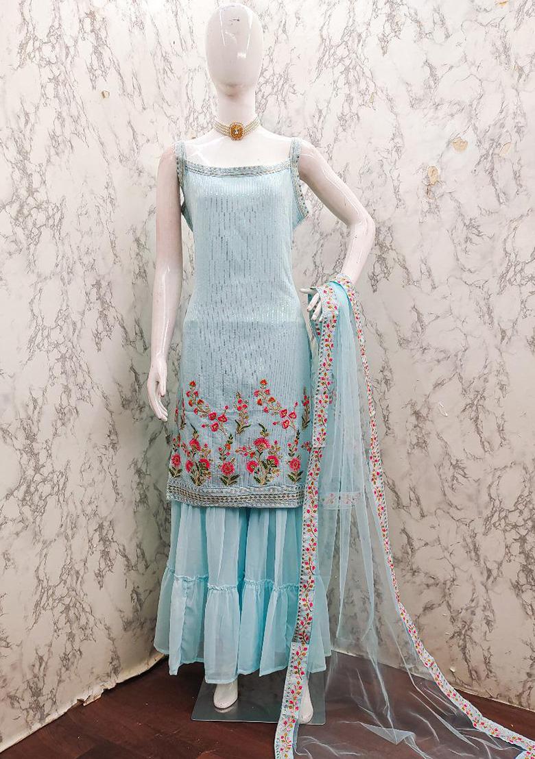 Sky Blue Sequin Embroidered Georgette Sharara Set