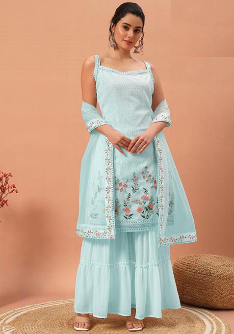 Sky Blue Sequin Embroidered Georgette Sharara Set