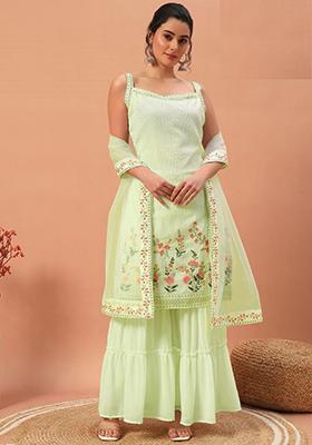 Pista Green Sequin Embroidered Georgette Sharara Set