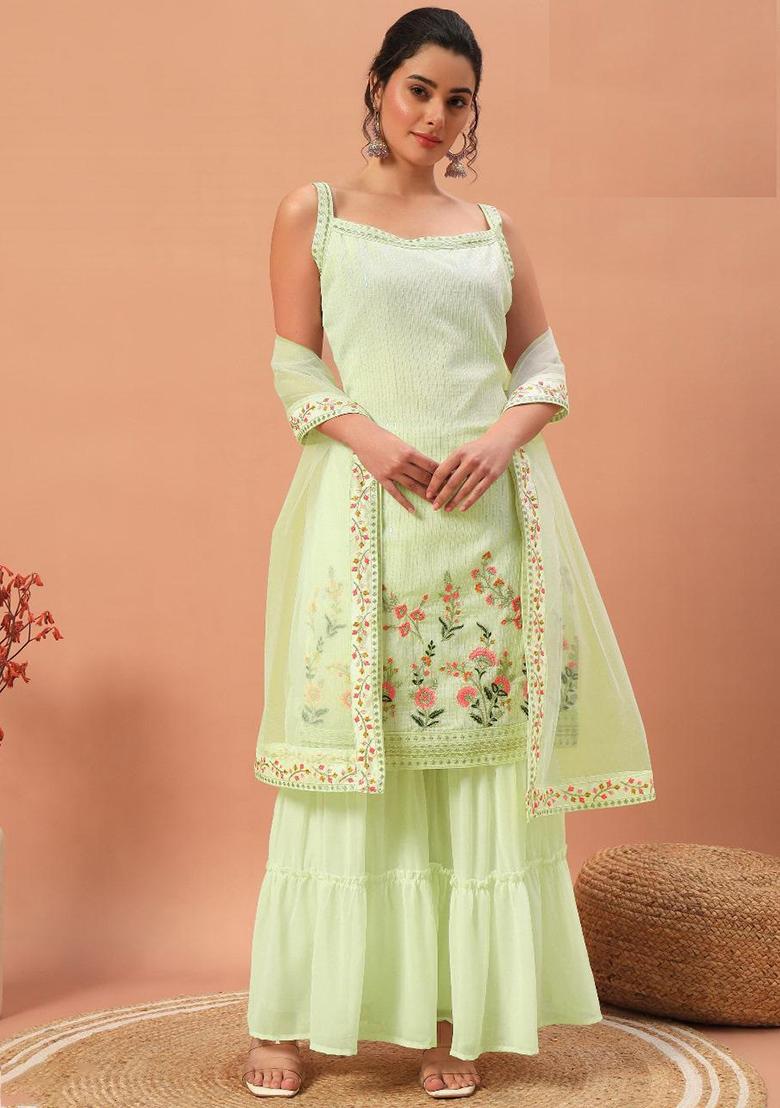 Pista Green Sequin Embroidered Georgette Sharara Set