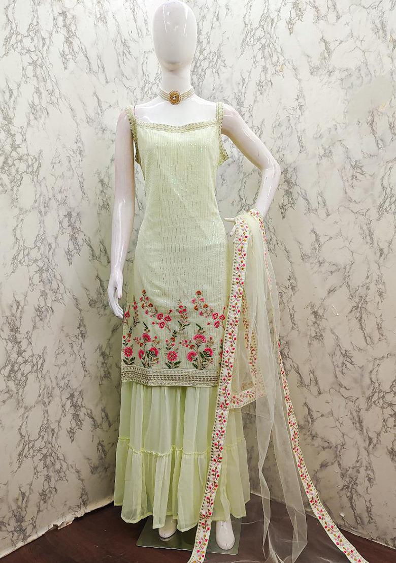 Pista Green Sequin Embroidered Georgette Sharara Set
