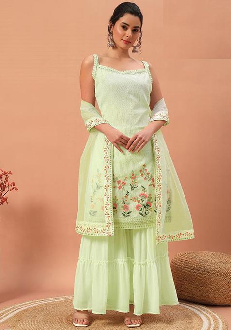 Pista Green Sequin Embroidered Georgette Sharara Set