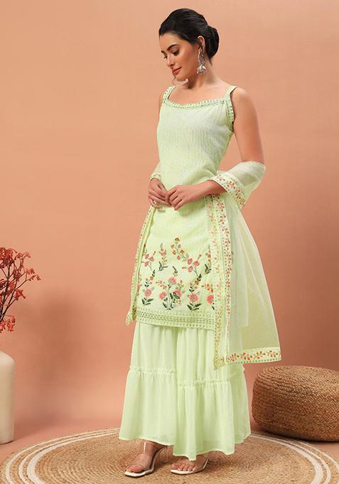 Pista Green Sequin Embroidered Georgette Sharara Set