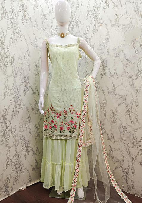 Pista Green Sequin Embroidered Georgette Sharara Set