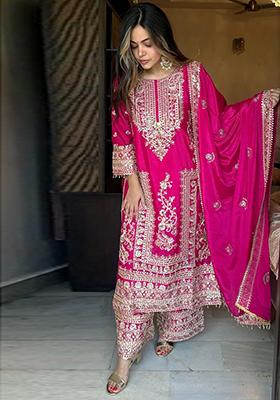 Pink Zari Sequin Embroidered Chinon Silk Kurta Set