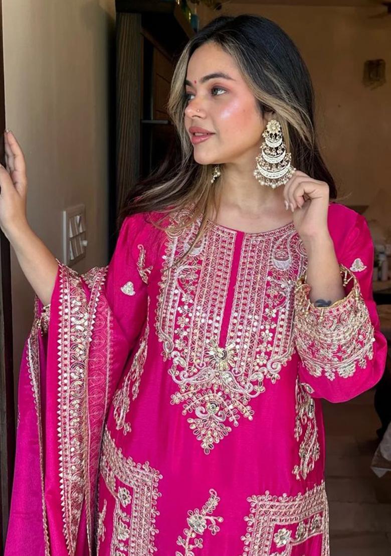 Pink Zari Sequin Embroidered Chinon Silk Kurta Set