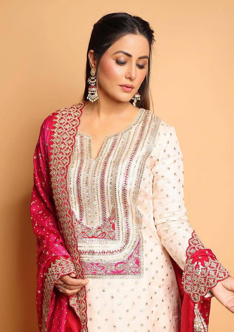 White Sequin Thread Embroidered Chinon Silk Kurta Set