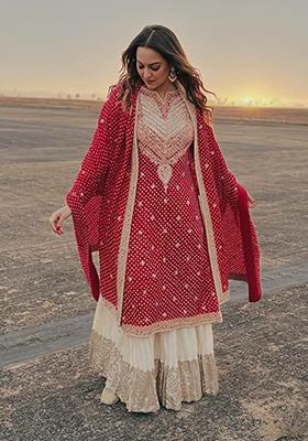 Red Embroidered Georgette Kurta Set