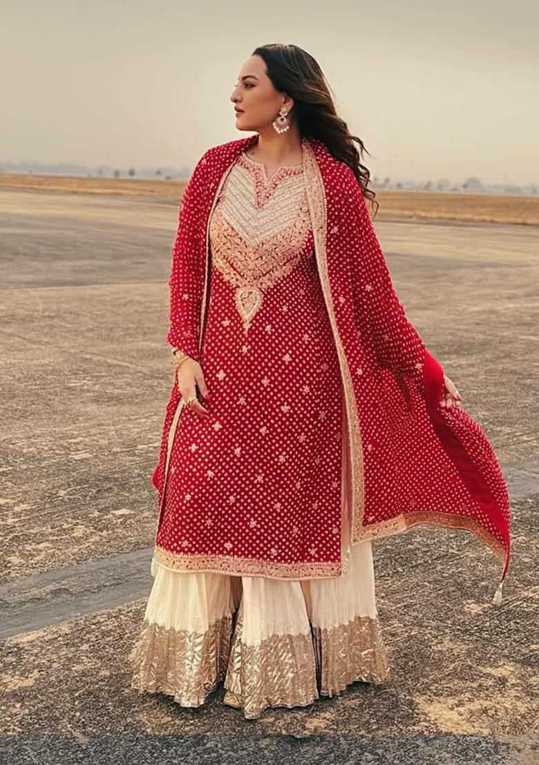 Red Embroidered Georgette Kurta Set